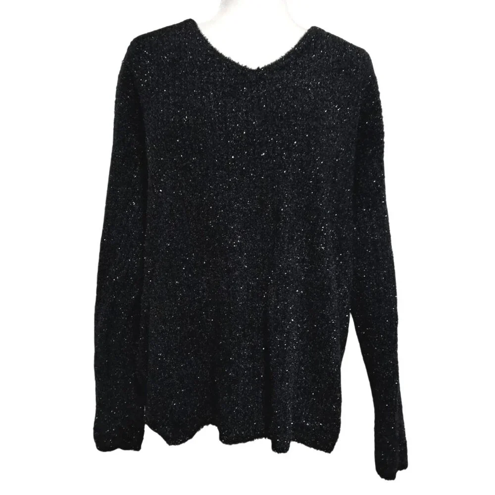 Carducci 2 Sweater Womens 2X Black Vintage Shimmer V-Neck Long Sleeve Knit